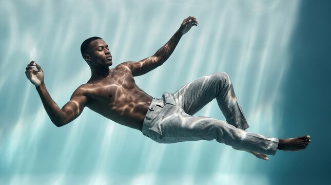 Shirtless man floats underwater in gray trousers as soft sunbeams create a surreal fashion inspired scene