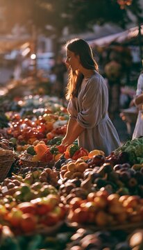 Autumn morning at farmers market woman enjoys fresh produce golden light creates a warm inviting scene