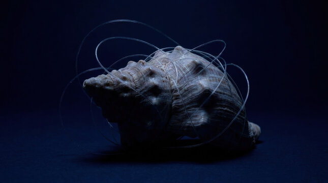 Ocean conservation and biodiversity inspire this close up of seashell entangled in fishing line highlighting marine pollution impact