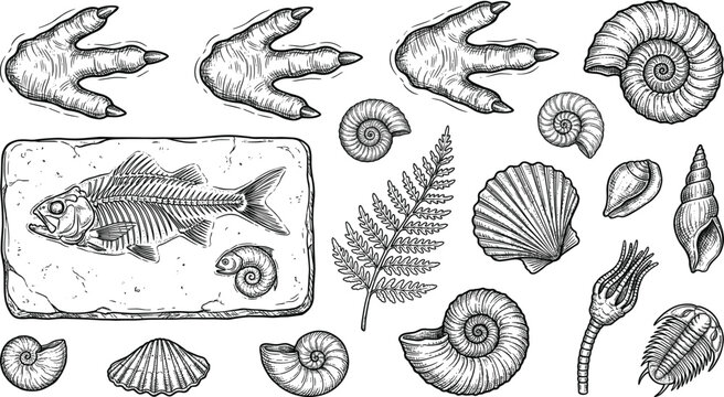 Set of vintage engraved prehistoric fossils featuring dinosaur footprints, ancient fish, and ammonite shells