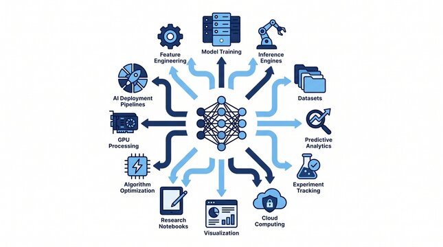 Ai research environment visualization with machine learning components with showcasing various components interconnectedness machine visual representation research ai deployment pipelines