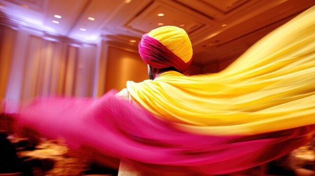 turban. A dancer in colorful turban fabric mid-spin during a festive Indian wedding celebration. event programs, museum guides, designed for cultural heritage projects and event programs.