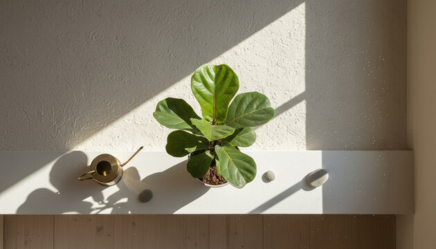 fiddle leaf fig plant in warm sunlight symbolizing home calm minimal interior style and mindful living trend