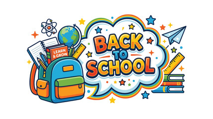 Fototapeta premium Back to School Backpack, Books, Globe, Ruler, Atom & Paper Airplane - Education Celebration