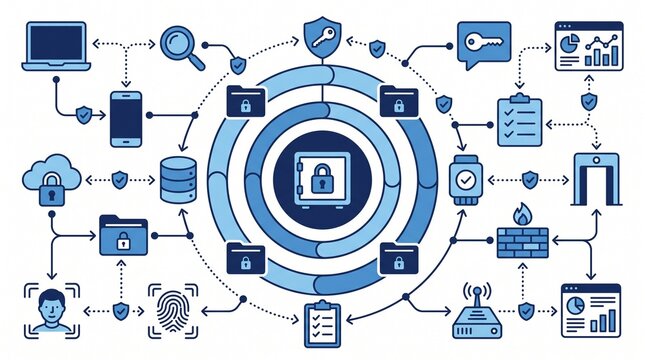 Zero trust cybersecurity digital network protection concept with depicts digital illustration showcasing various devices authentication authorization technology biometric safeguard with password