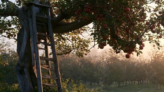 Autumn harvest scene peaceful apple orchard bathed golden light evokes rustic tranquility and seasonal abundance