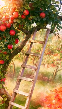 Autumn orchard tranquility a rustic ladder leans against an apple tree bathed in golden light stock illustration