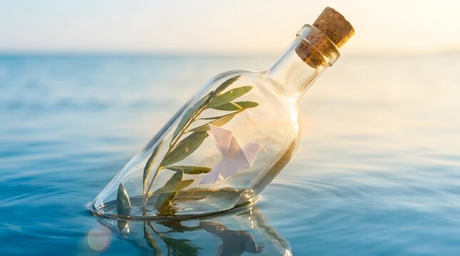 Message in a bottle with an origami paper bird and an olive branch floating on the calm sea at sunset, concept of peace and hope