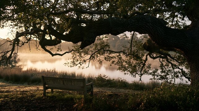 Sunrise serenity a weathered bench overlooks tranquil lake morning mist creates peaceful reflection landscape