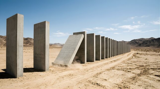 Concrete monoliths falling like dominoes in a vast desert landscape