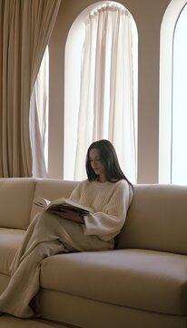 Cozy morning reading a book peaceful woman&rsquo;s lifestyle portrait warm neutral home decor scene