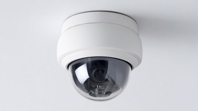 surveillance. Security camera mounted on a white ceiling corner in a corporate environment. product launch decks, UI/UX mockups, designed for product launches and innovation pitches.