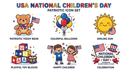 Fototapeta premium Patriotic National Childrens Day Celebration Icon Set with Happy Kids and Toys