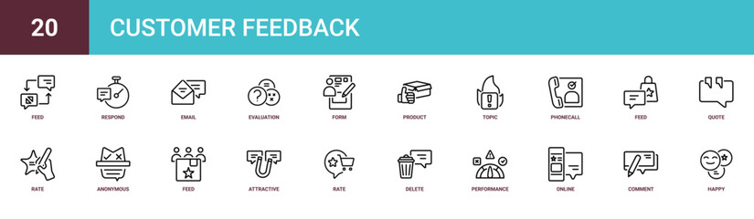 Fototapeta premium Set of 20 outline web Customer Feedback icons such as happy, comment, online, performance, delete, rate, attractive vector icons for report, presentation, diagram, web design, mobile app
