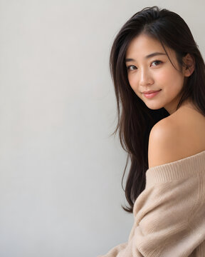 Young Asian Woman Smiling and Looking at Camera in Studio Portrait, Beauty and Fashion Model with Natural Expression and Elegant Appearance