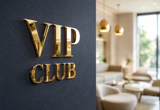 Exclusive VIP club sign with gold lettering on dark wall, luxurious lounge interior, warm ambient lighting, elegant seating, premium hospitality, nightlife, upscale atmosphere.