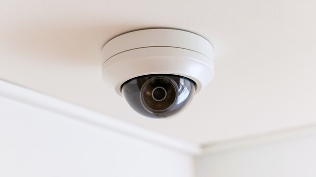 surveillance. Security camera mounted on a white ceiling corner in a corporate environment. product launch decks, UI/UX mockups, designed for product launches and innovation pitches.