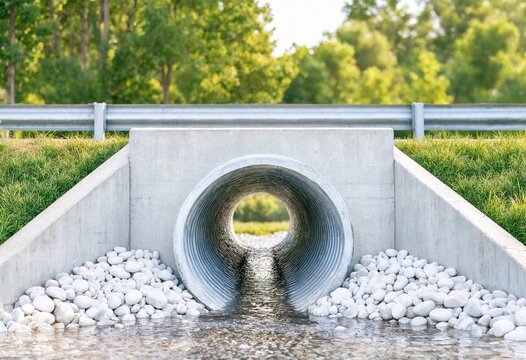 Corrugated metal culvert beneath a rural road with concrete retaining walls, green grass, flowing water, and bright blue sky, showcasing infrastructure, drainage, engineering, sustainability.