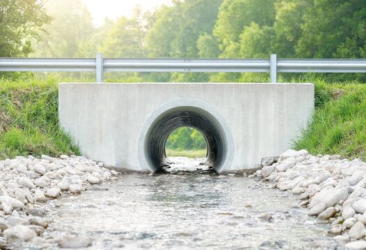 Corrugated metal culvert beneath a rural road with concrete retaining walls, green grass, flowing water, and bright blue sky, showcasing infrastructure, drainage, engineering, sustainability.
