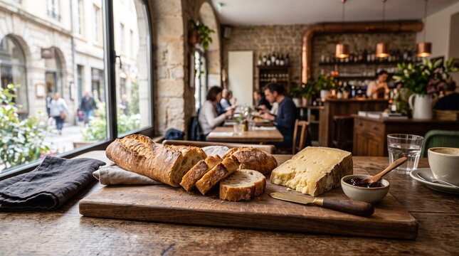 French Baguette and Cheese Block in Elegant Cafe