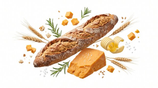 Floating French Baguette and Cheese Block Isolated on White