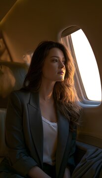 Reflective moment golden hour luxury travel portrait of a confident woman enjoying private flight style