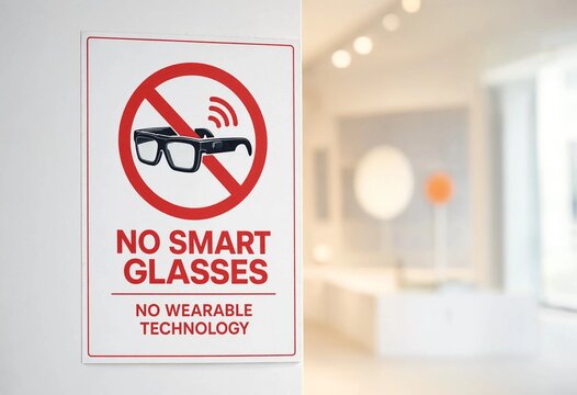 Minimalist prohibition sign illustrating smart glasses restriction, warning against wearable technology, privacy protection, security compliance, workplace policy, surveillance prevention, vector icon