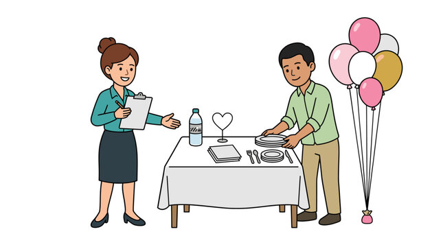 Event planning couple setting table with balloons