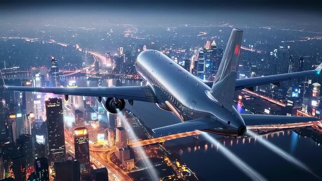 airplane arriving over city at night -  passenger aircraft descending toward destination -  travel return concept -  urban skyline below -  journey completion -  homecoming emotion and global mobility