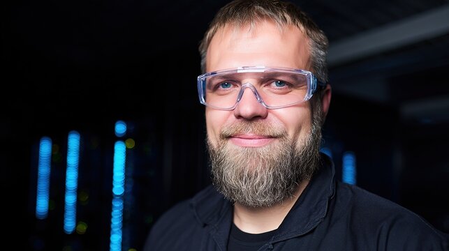 upper. Technical specialist in a data center, wearing safety goggles with blue server lights in the background. product launch decks.