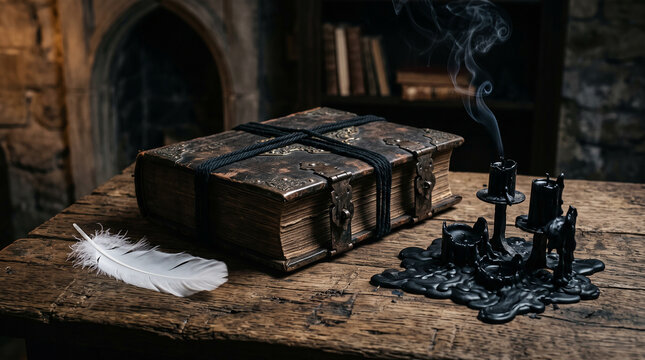 ncient Leather Grimoire Tied with Black Rope with White Angel Feather and Black Candle on Dark Wooden Table