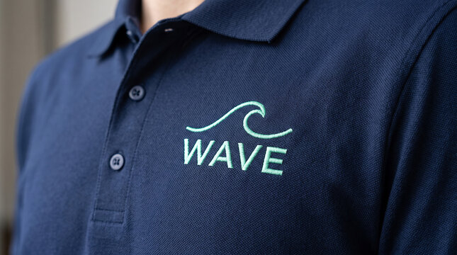 Navy blue polo shirt mockup close up with embroidered mint green ocean wave icon and WAVE logo
