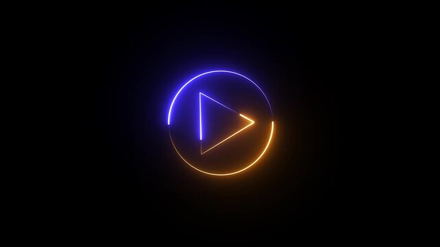 Neon glowing Play button animation on black background. Play button icon neon animation. Music play button icon animation.