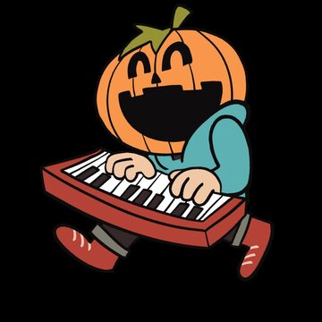 Cute Halloween pumpkin character playing keyboard synth instrument, retro vintage cartoon animated video loop with transparent background alpha channel