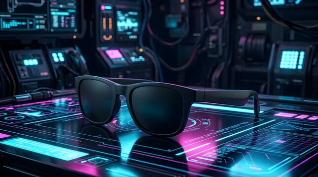 Modern black smart glasses placed on a futuristic digital console desk