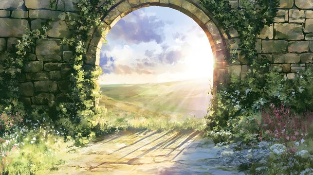 Serene watercolor vista ancient archway framed by wildflowers golden hour light peaceful landscape stock illustration