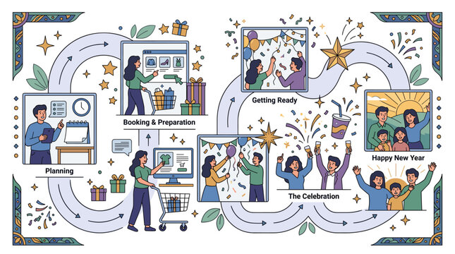New Year Celebration Planning Process Flat Design Illustration