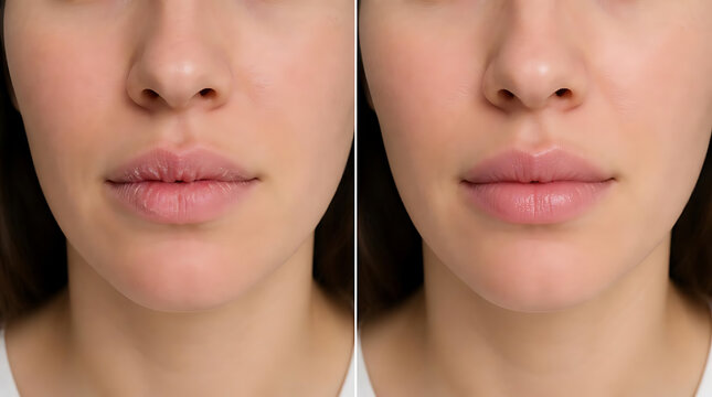 Close-up comparison of a woman's lips before and after a cosmetic enhancement showing subtle improvement in fullness and
