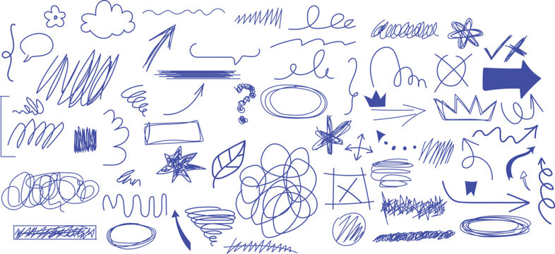 Hand drawn doodles and set of blue sketchy scribble lines.