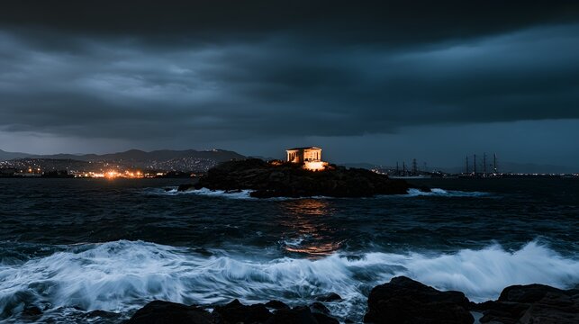 Ancient temple&rsquo;s majesty amidst stormy seas a timeless vision of strength and enduring beauty