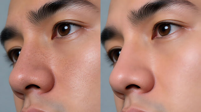Close-up comparison of a person's facial skin texture before and after skincare treatment highlighting the reduction of pores