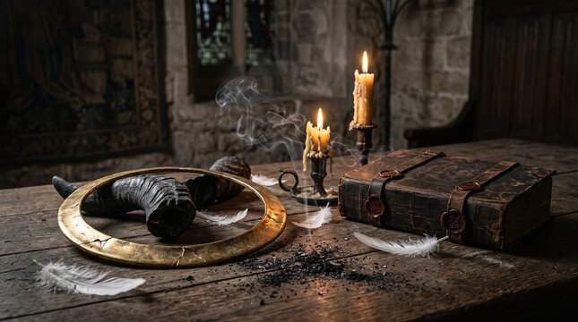 Broken Golden Halo and Dark Horn with White Feathers, Candles and Leather Grimoire on Wooden Table, Fallen Angel Concept