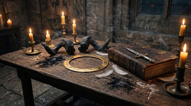 Broken Golden Halo and Dark Horn with White Feathers, Candles and Leather Grimoire on Wooden Table, Fallen Angel Concept