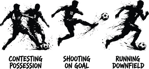 Dynamic soccer player silhouette set featuring contesting possession, shooting on goal, and running downfield action © ABU