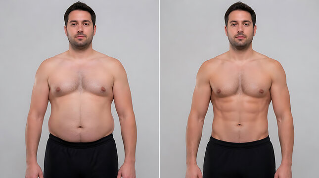 before and after transformation of male fitness showing significant body fat reduction and muscle definition improvement