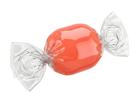 Single red candy wrapped in clear plastic isolated on white background