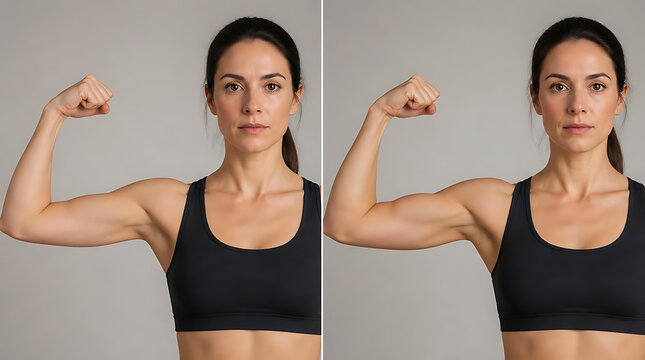 Empowered woman showcasing muscular strength and confidence through her flexed bicep pose in a studio setting