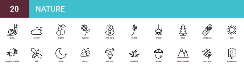 Set of 20 outline web Nature icons such as bird house, lady bug, snow covered, acorn, grasses, bee hive, forest vector icons for report, presentation, diagram, web design, mobile app © Lucas