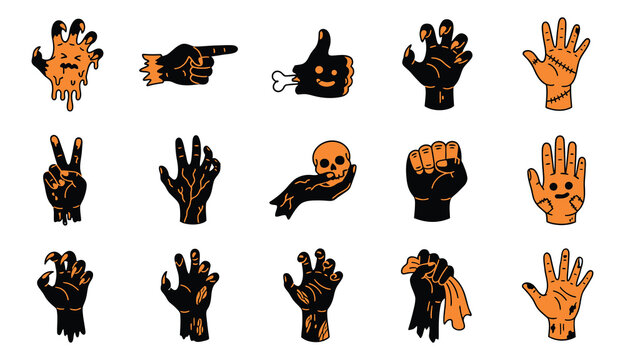 Set of spooky halloween zombie hand gestures and monster claw illustrations isolated on a white background for design