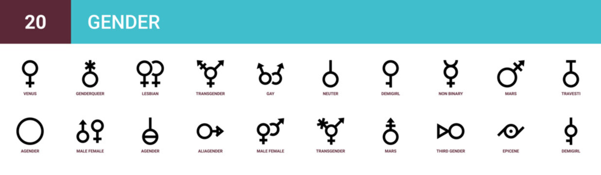 Set of 20 outline web Gender icons such as demigirl, epicene, third gender, mars, transgender, male female, aliagender vector icons for report, presentation, diagram, web design, mobile app
